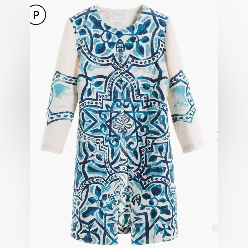 Chico's Teal and Cream Geometric 100% Linen Blazer